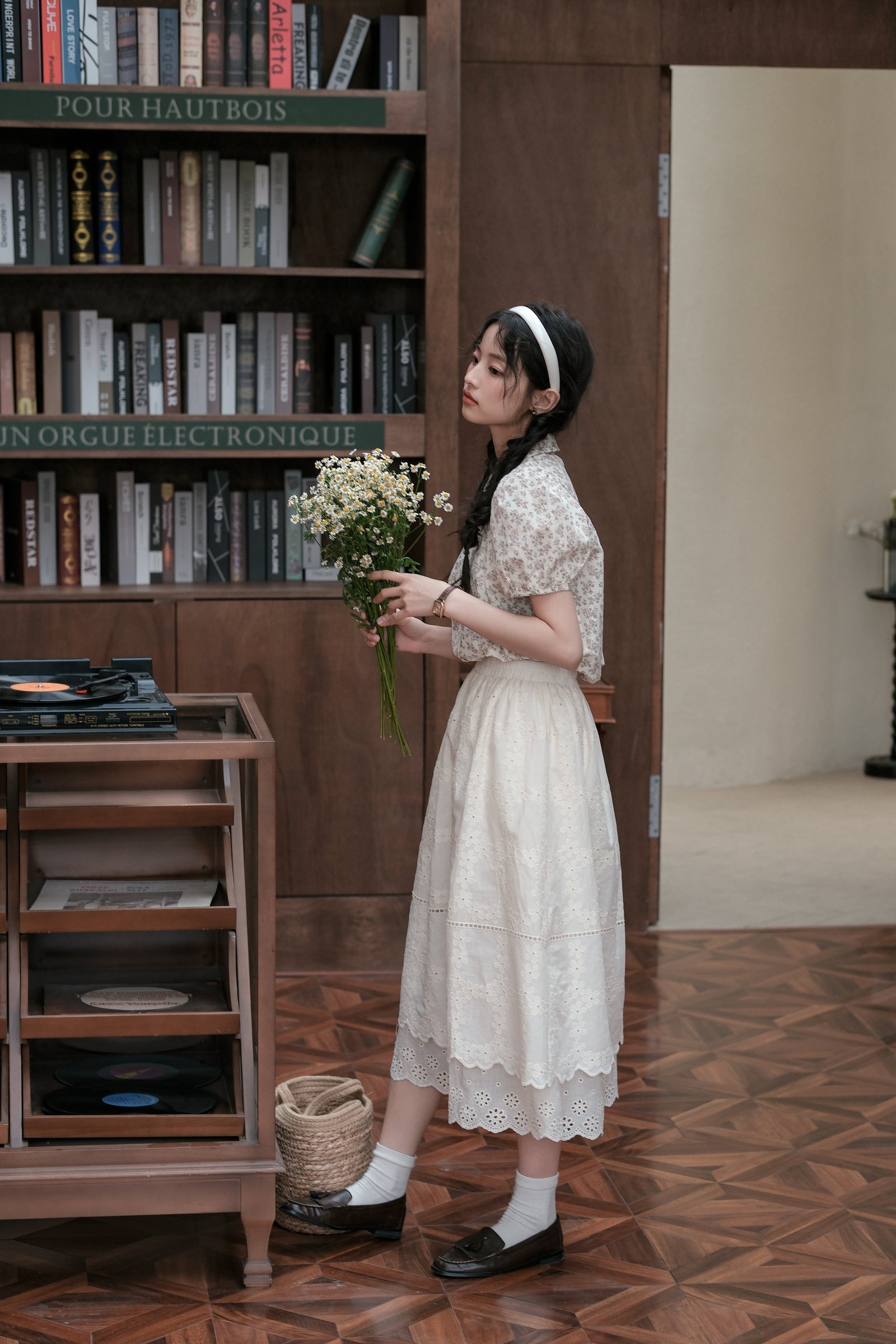 Ivory Embroidered Eyelet A-Line Midi Skirt - Masion Chérie