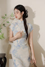 Vintage Floral Embroidered Light Blue Cheongsam Dress