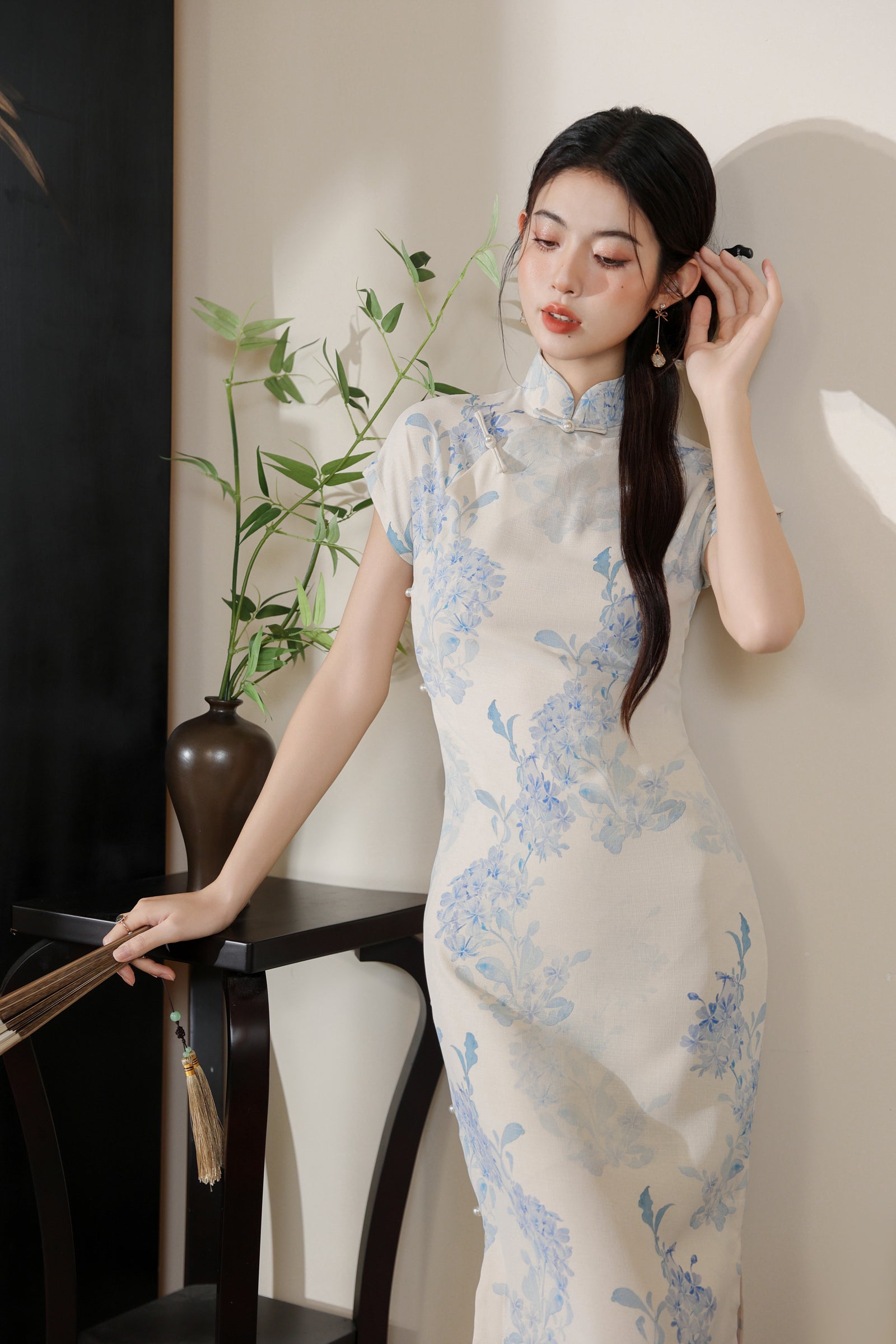 Vintage Floral Embroidered Light Blue Cheongsam Dress