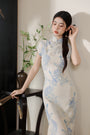 Vintage Floral Embroidered Light Blue Cheongsam Dress