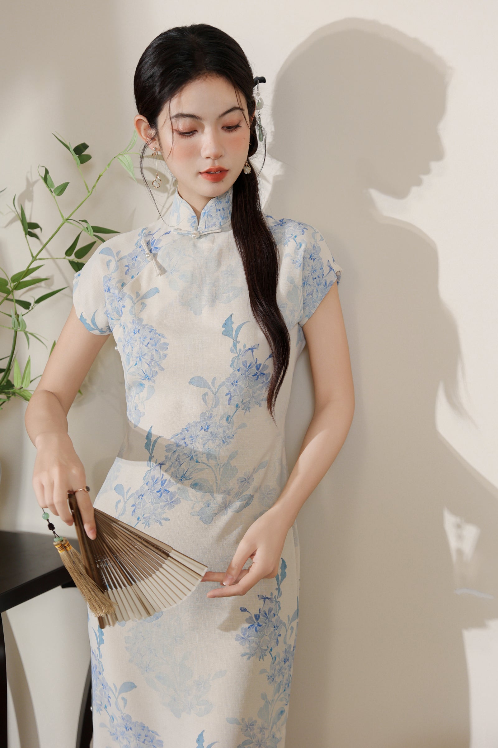 Vintage Floral Embroidered Light Blue Cheongsam Dress