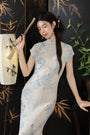 Vintage Floral Embroidered Light Blue Cheongsam Dress