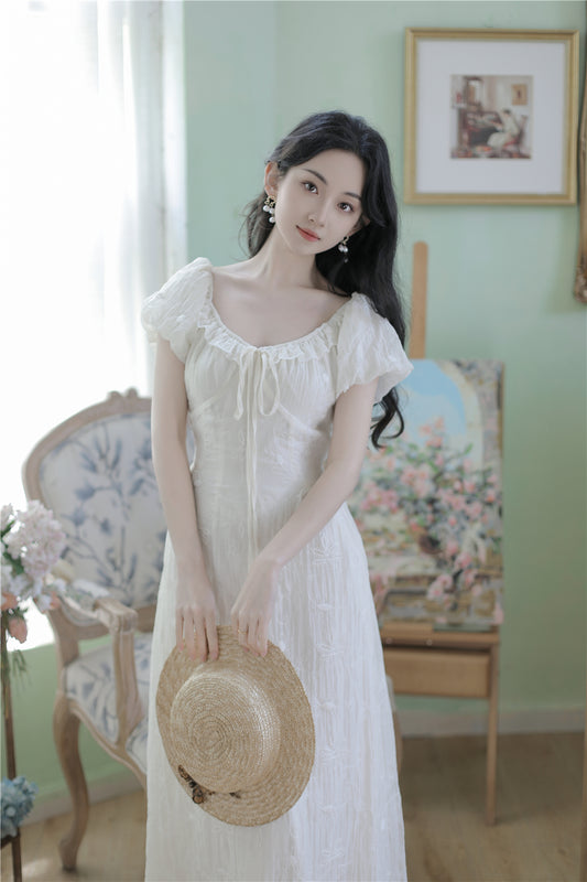 Whimsical Ivory Puff Sleeve Lace Maxi Dress - Masion Chérie 