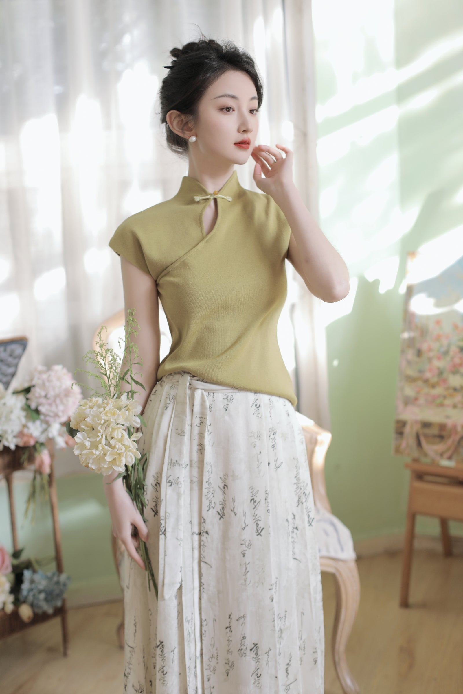 Retro Modified Cheongsam Knit Top + Mamian Skirt Set - Masion Chérie