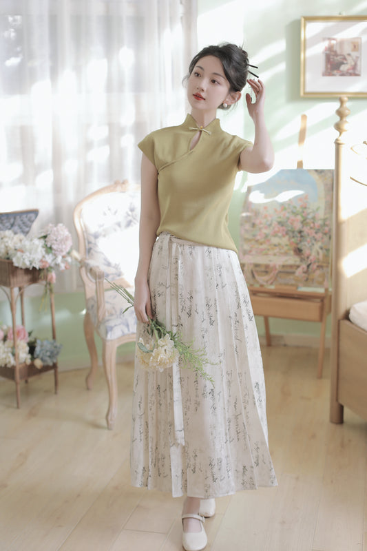 Retro Modified Cheongsam Knit Top + Mamian Skirt Set - Masion Chérie