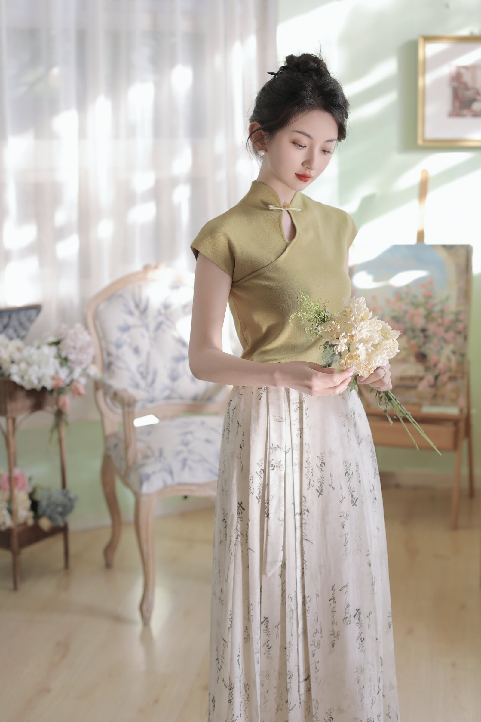 Retro Modified Cheongsam Knit Top + Mamian Skirt Set - Masion Chérie