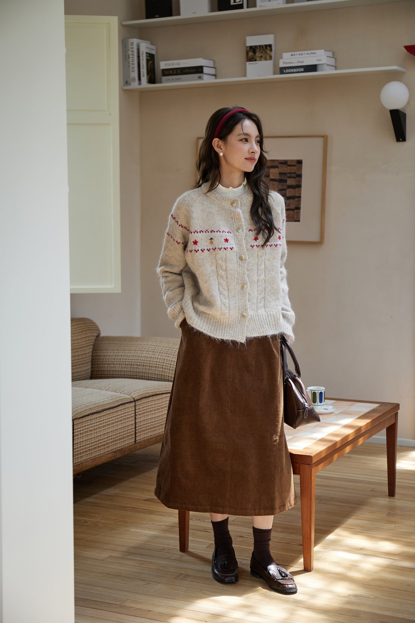 Embroidered Cable-Knit Button-Up Cardigan