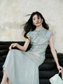 Crystal Blue Pleated Cheongsam Dress with Asymmetrical Hem - Masion Chérie