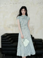 Crystal Blue Pleated Cheongsam Dress with Asymmetrical Hem - Masion Chérie