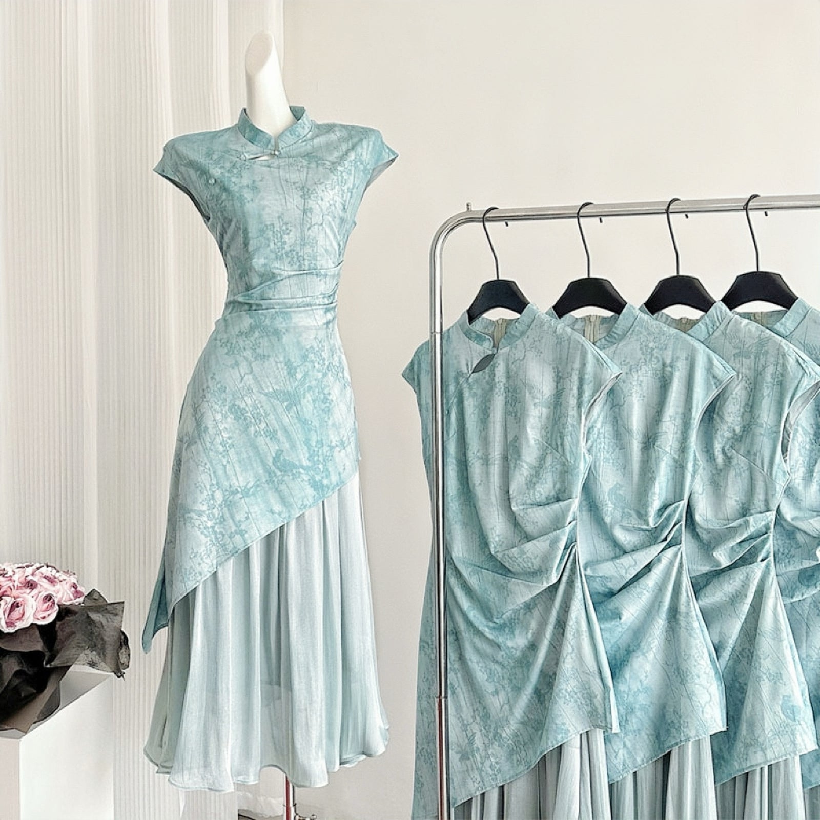 Crystal Blue Pleated Cheongsam Dress with Asymmetrical Hem - Masion Chérie