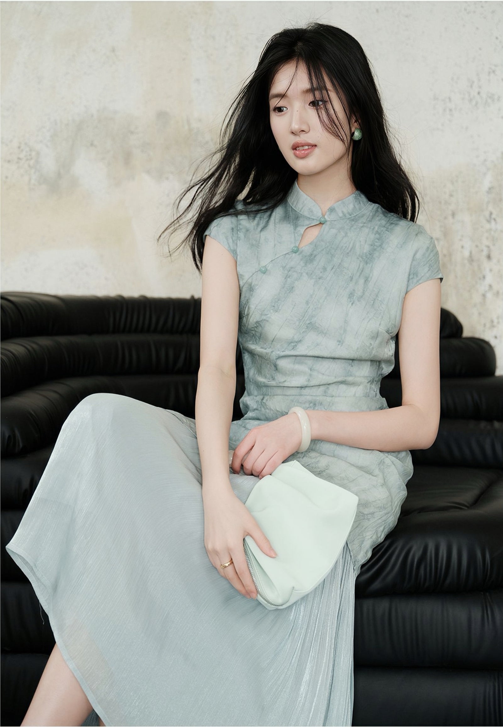 Crystal Blue Pleated Cheongsam Dress with Asymmetrical Hem - Masion Chérie