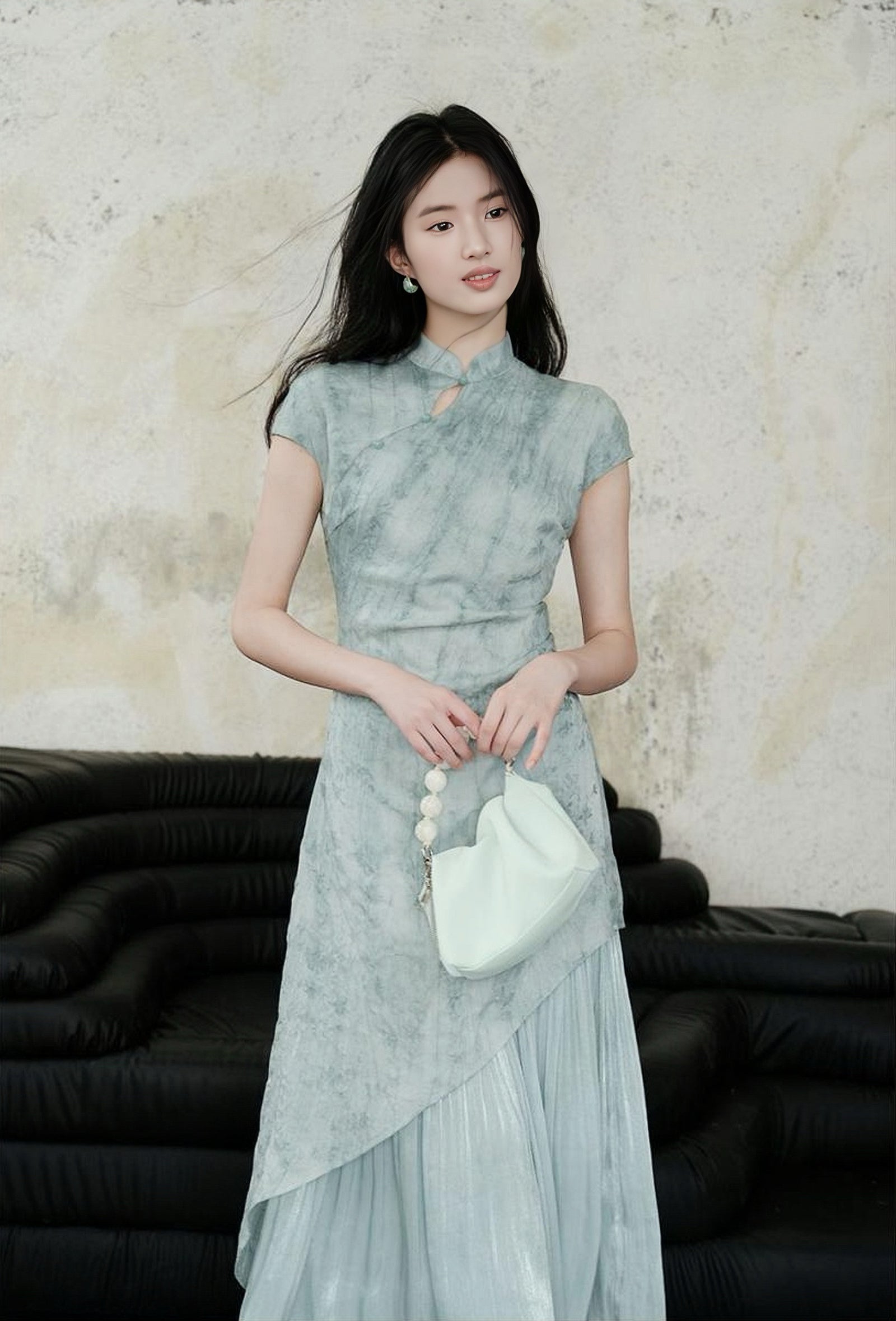 Crystal Blue Pleated Cheongsam Dress with Asymmetrical Hem - Masion Chérie