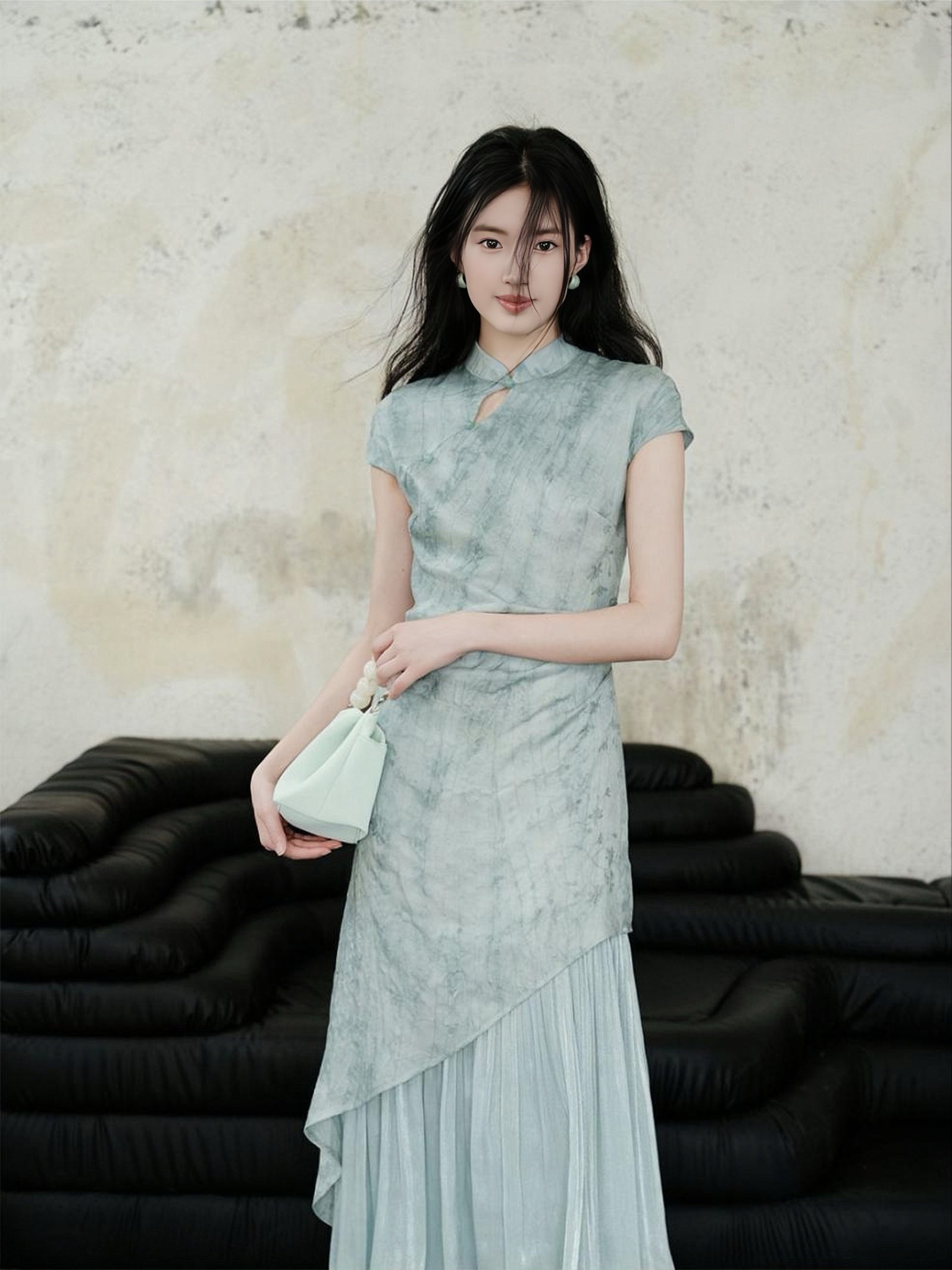 Crystal Blue Pleated Cheongsam Dress with Asymmetrical Hem - Masion Chérie