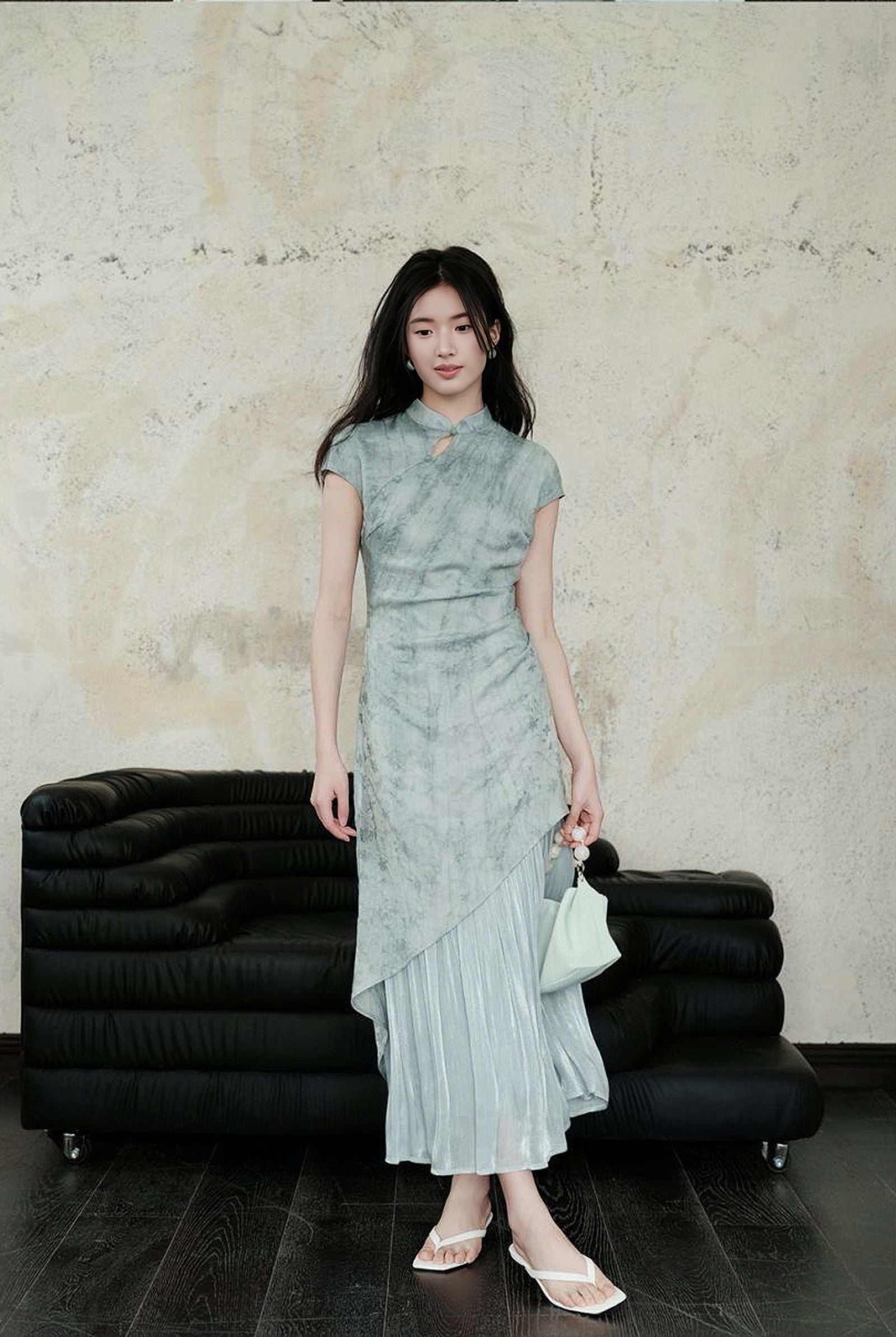 Crystal Blue Pleated Cheongsam Dress with Asymmetrical Hem - Masion Chérie