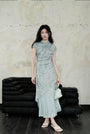 Crystal Blue Pleated Cheongsam Dress with Asymmetrical Hem - Masion Chérie