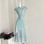 Crystal Blue Pleated Cheongsam Dress with Asymmetrical Hem - Masion Chérie