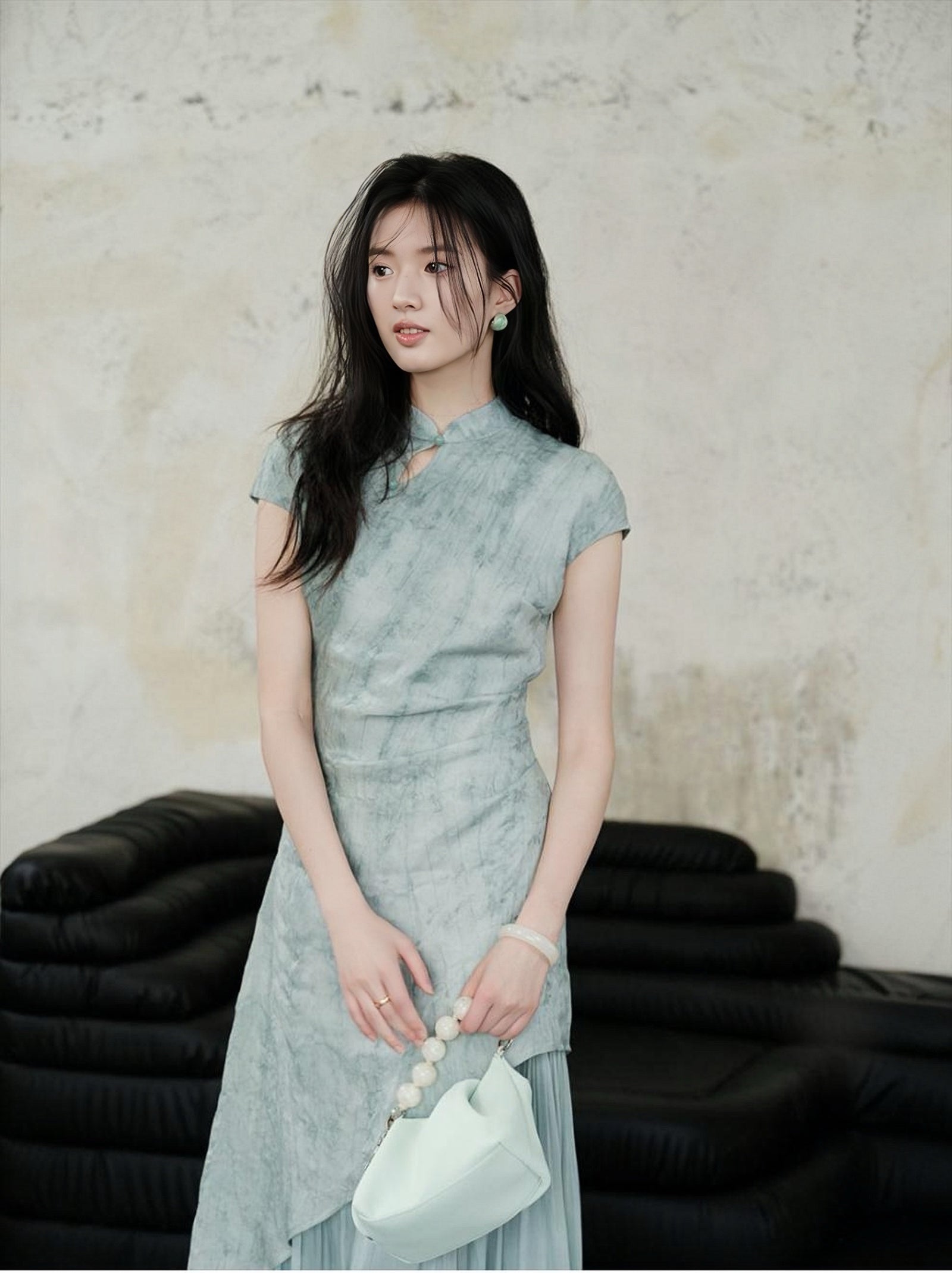 Crystal Blue Pleated Cheongsam Dress with Asymmetrical Hem - Masion Chérie