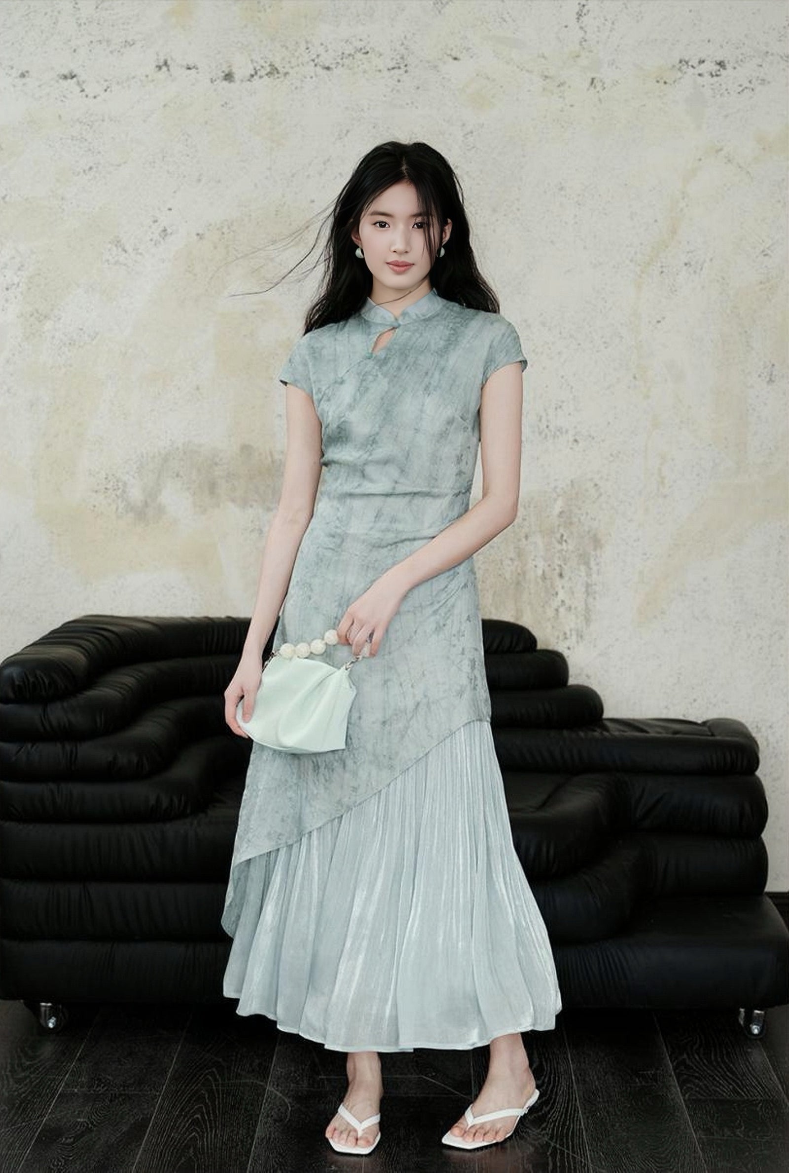 Crystal Blue Pleated Cheongsam Dress with Asymmetrical Hem - Masion Chérie