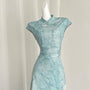 Crystal Blue Pleated Cheongsam Dress with Asymmetrical Hem - Masion Chérie