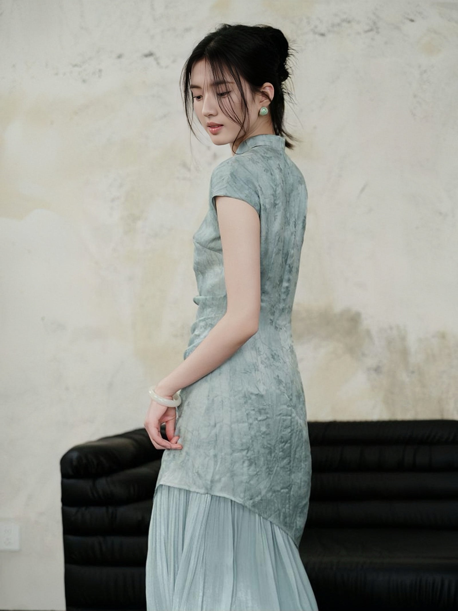 Crystal Blue Pleated Cheongsam Dress with Asymmetrical Hem - Masion Chérie