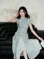 Crystal Blue Pleated Cheongsam Dress with Asymmetrical Hem - Masion Chérie