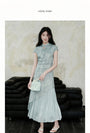 Crystal Blue Pleated Cheongsam Dress with Asymmetrical Hem - Masion Chérie