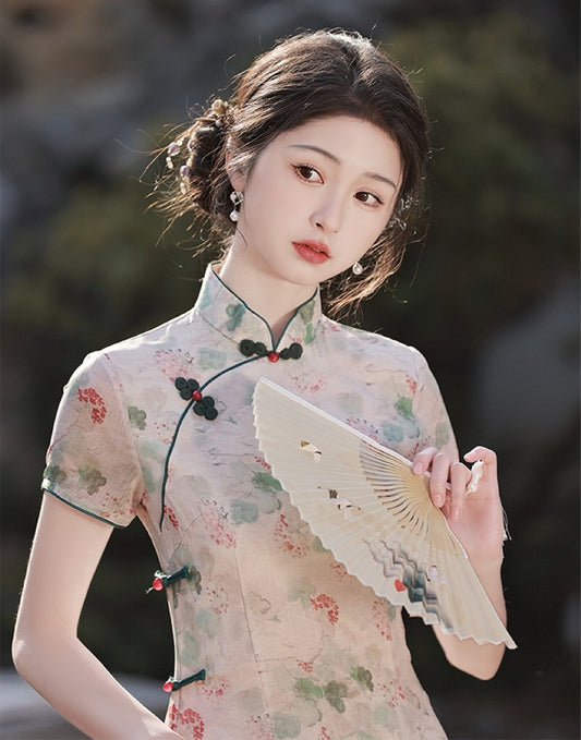 Vintage Watercolor Floral Cream Cheongsam Dress - Masion Chérie