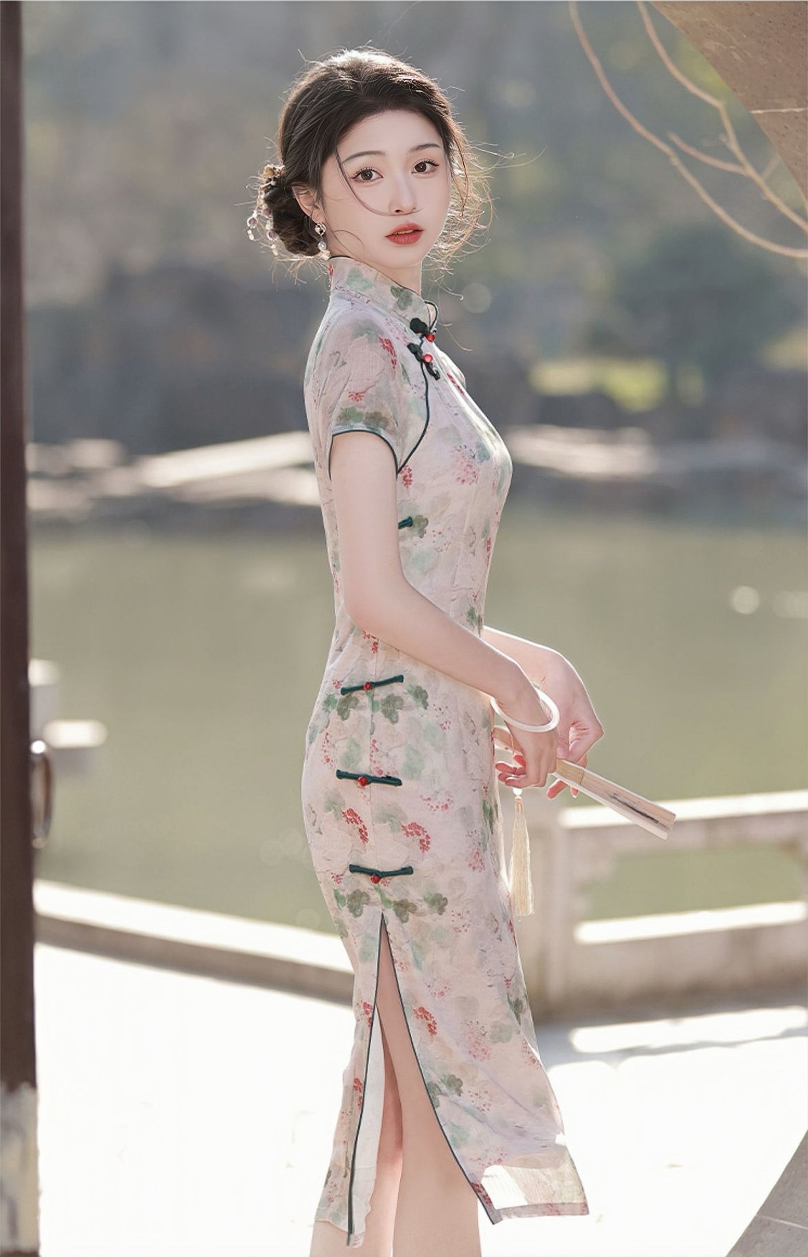 Vintage Watercolor Floral Cream Cheongsam Dress - Masion Chérie