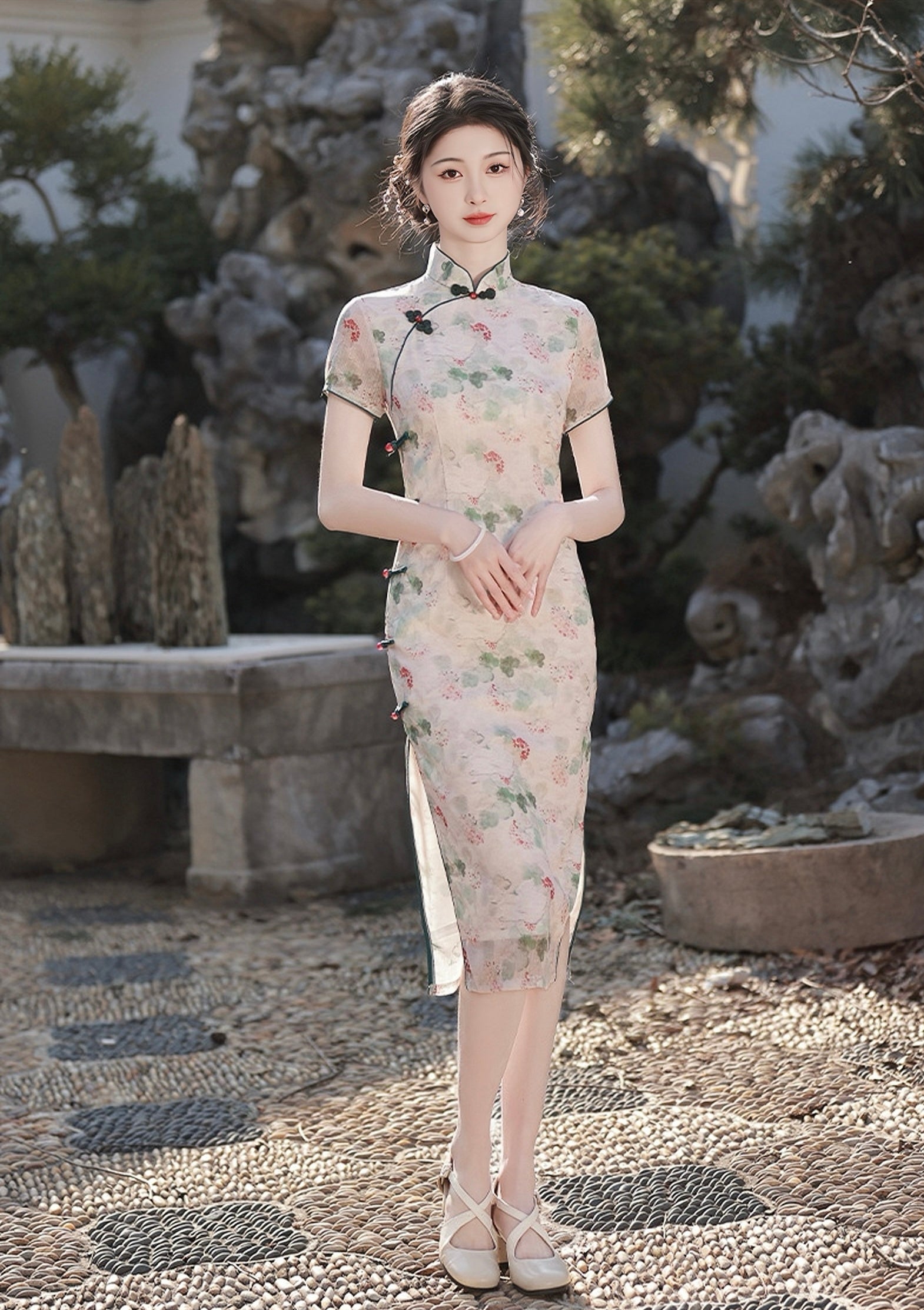 Vintage Watercolor Floral Cream Cheongsam Dress - Masion Chérie