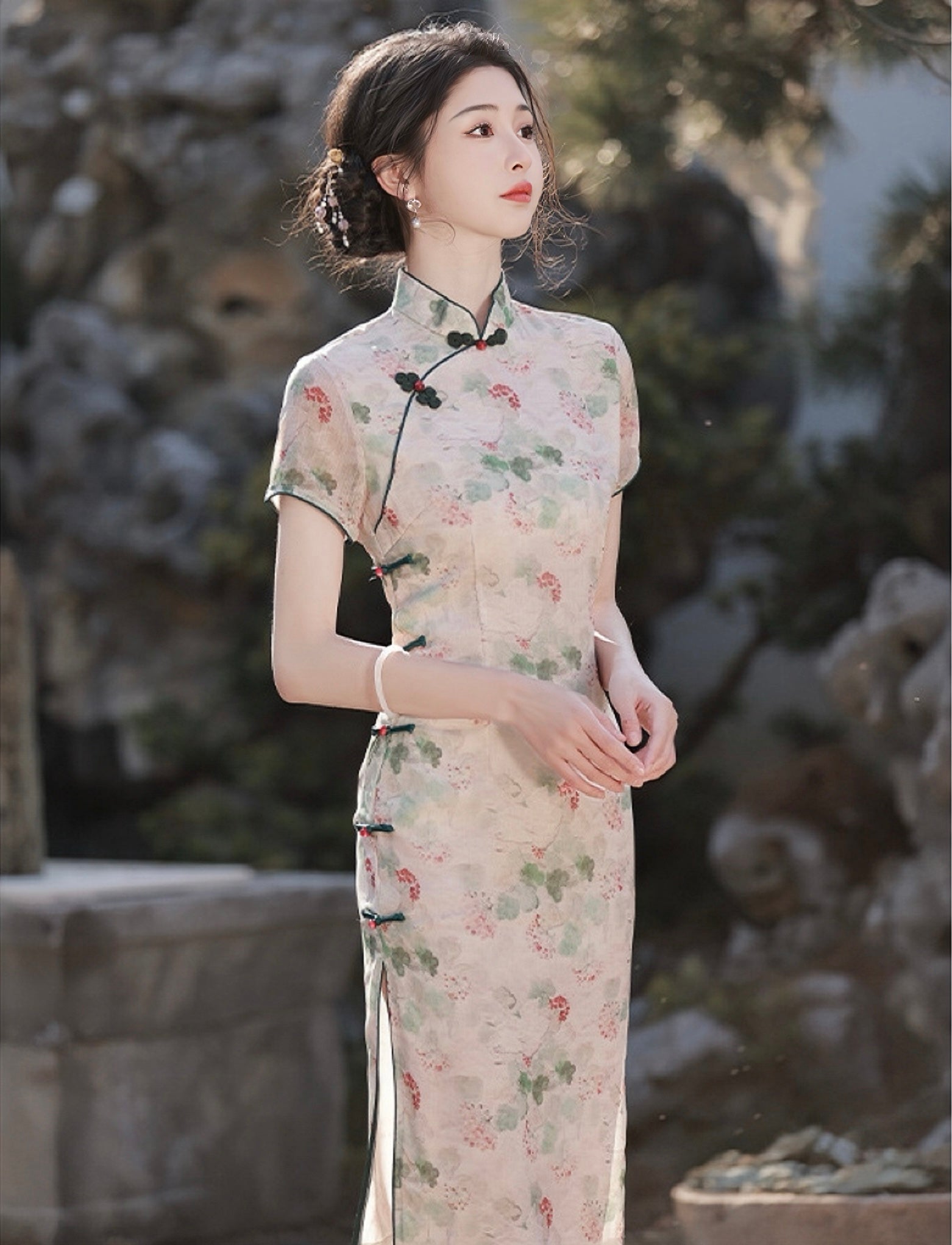 Vintage Watercolor Floral Cream Cheongsam Dress - Masion Chérie