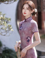 Vintage Floral Embellishments Purple Cheongsam Dress - Masion Chérie