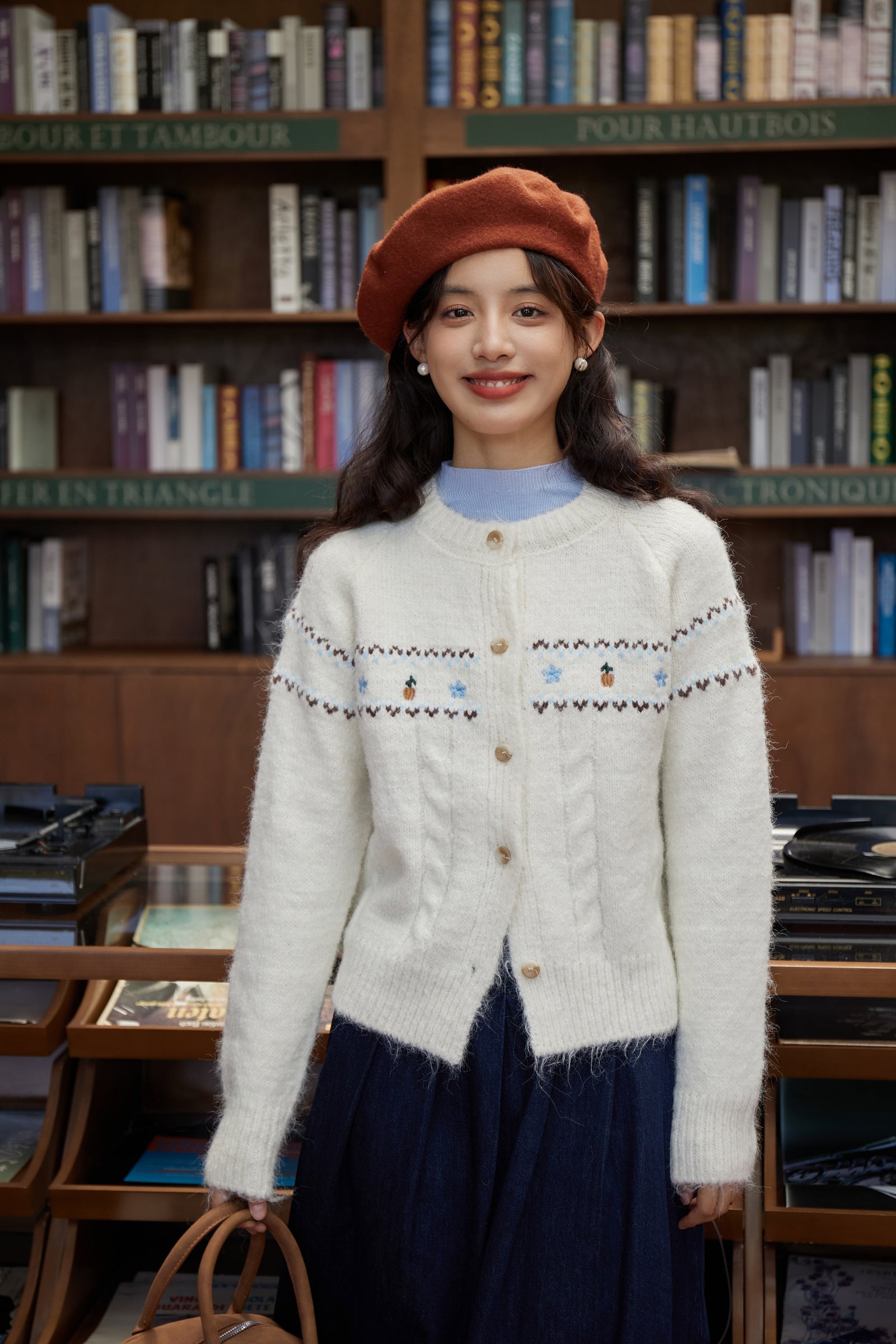 Embroidered Cable-Knit Button-Up Cardigan