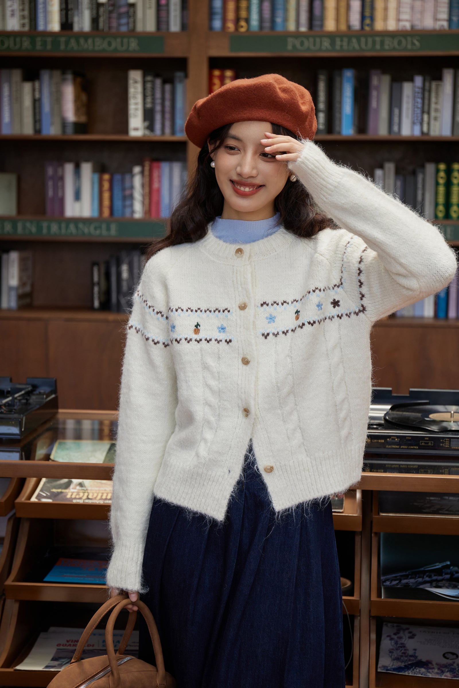 Embroidered Cable-Knit Button-Up Cardigan