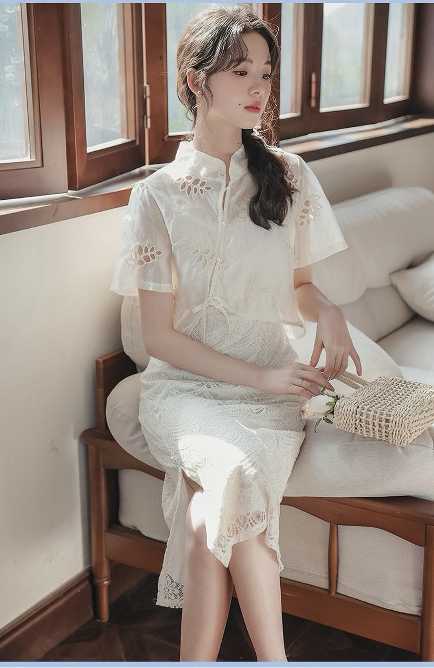 Vintage White Embroidered Lace Cheongsam Midi Dress Set - Masion Chérie