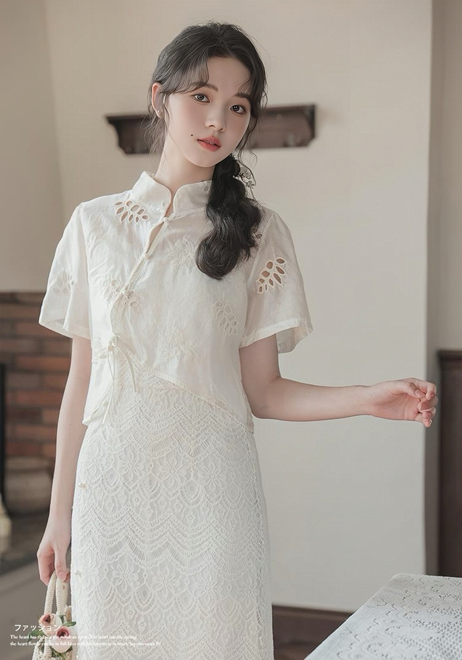 Vintage White Embroidered Lace Cheongsam Midi Dress Set - Masion Chérie