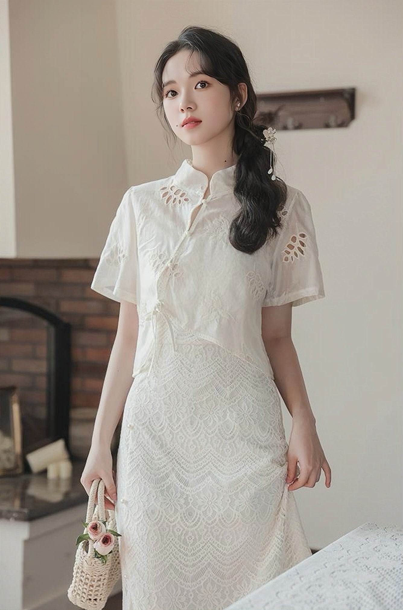 Vintage White Embroidered Lace Cheongsam Midi Dress Set - Masion Chérie