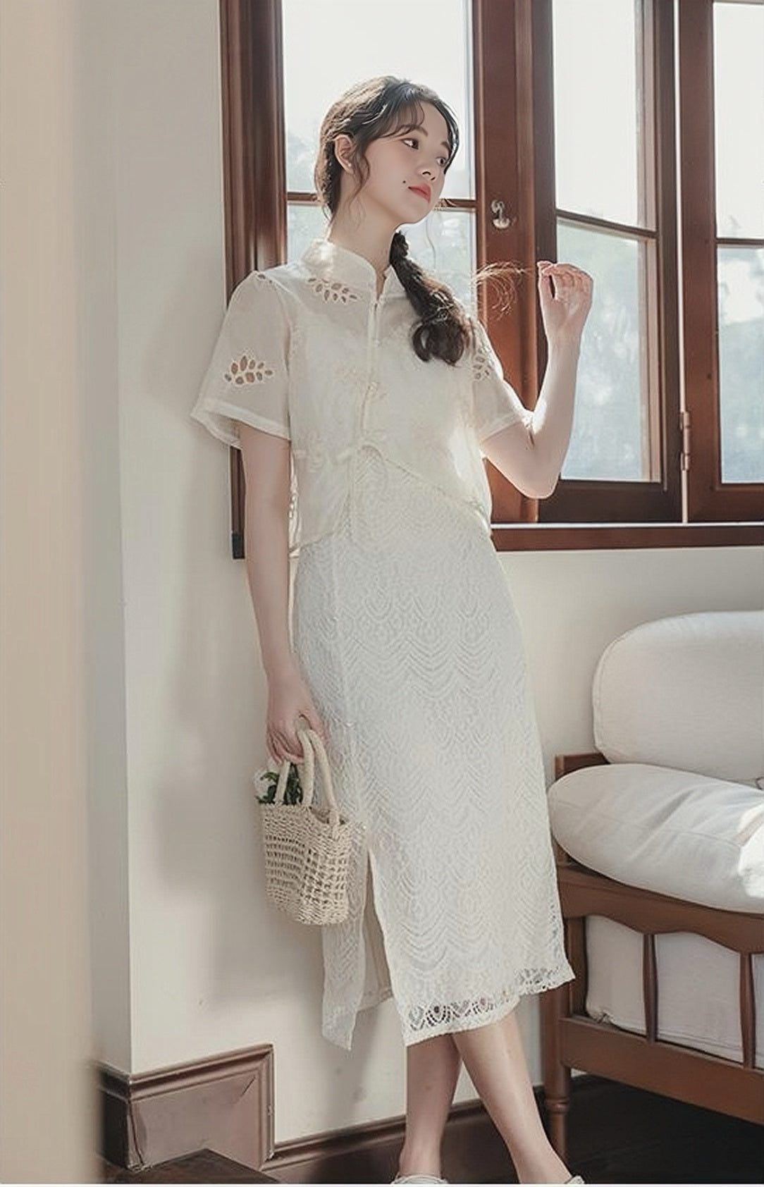 Vintage White Embroidered Lace Cheongsam Midi Dress Set - Masion Chérie