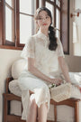 Vintage White Embroidered Lace Cheongsam Midi Dress Set - Masion Chérie