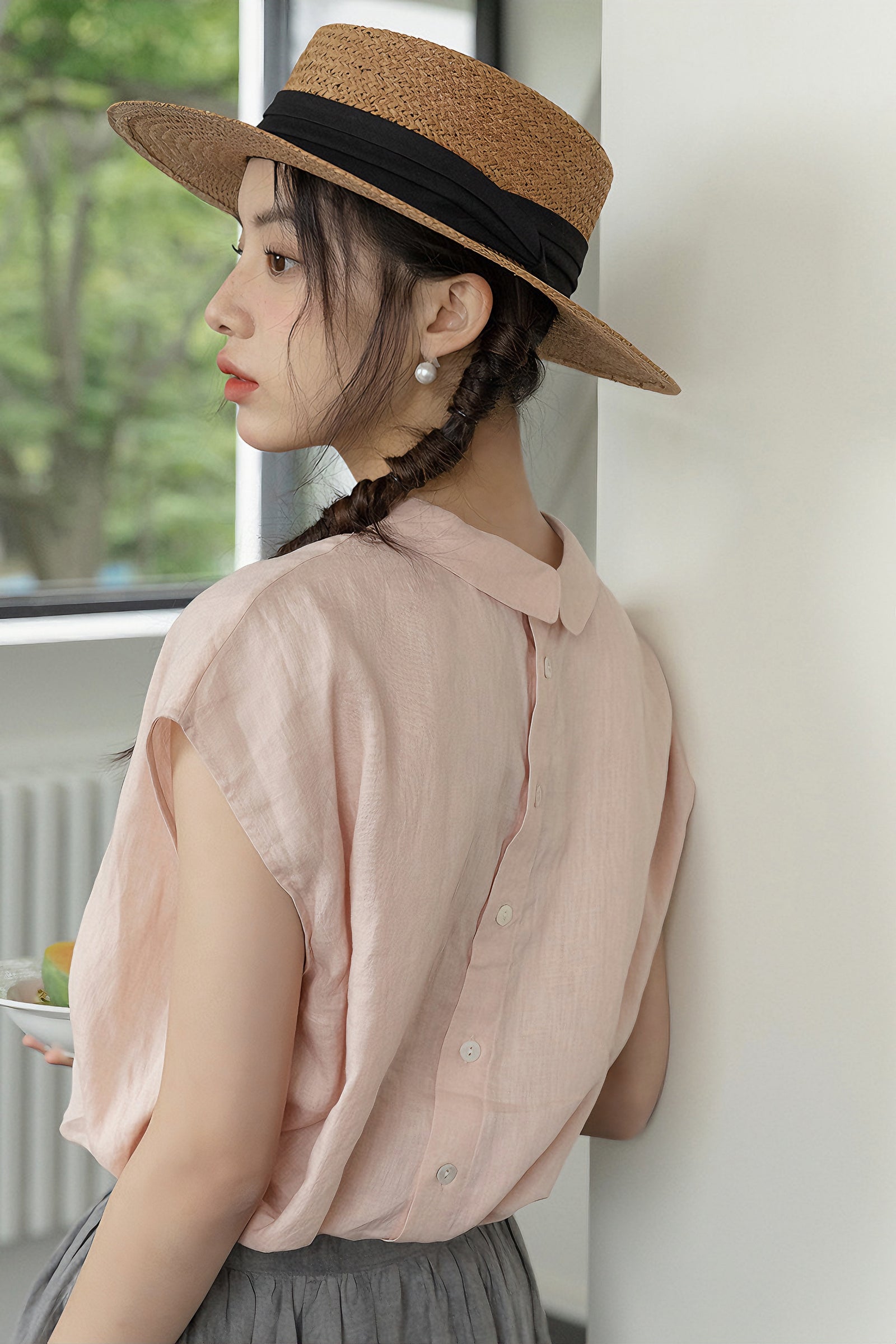 Vintage Pink Peter Pan Collar Linen Button-Back Blouse - Masion Chérie