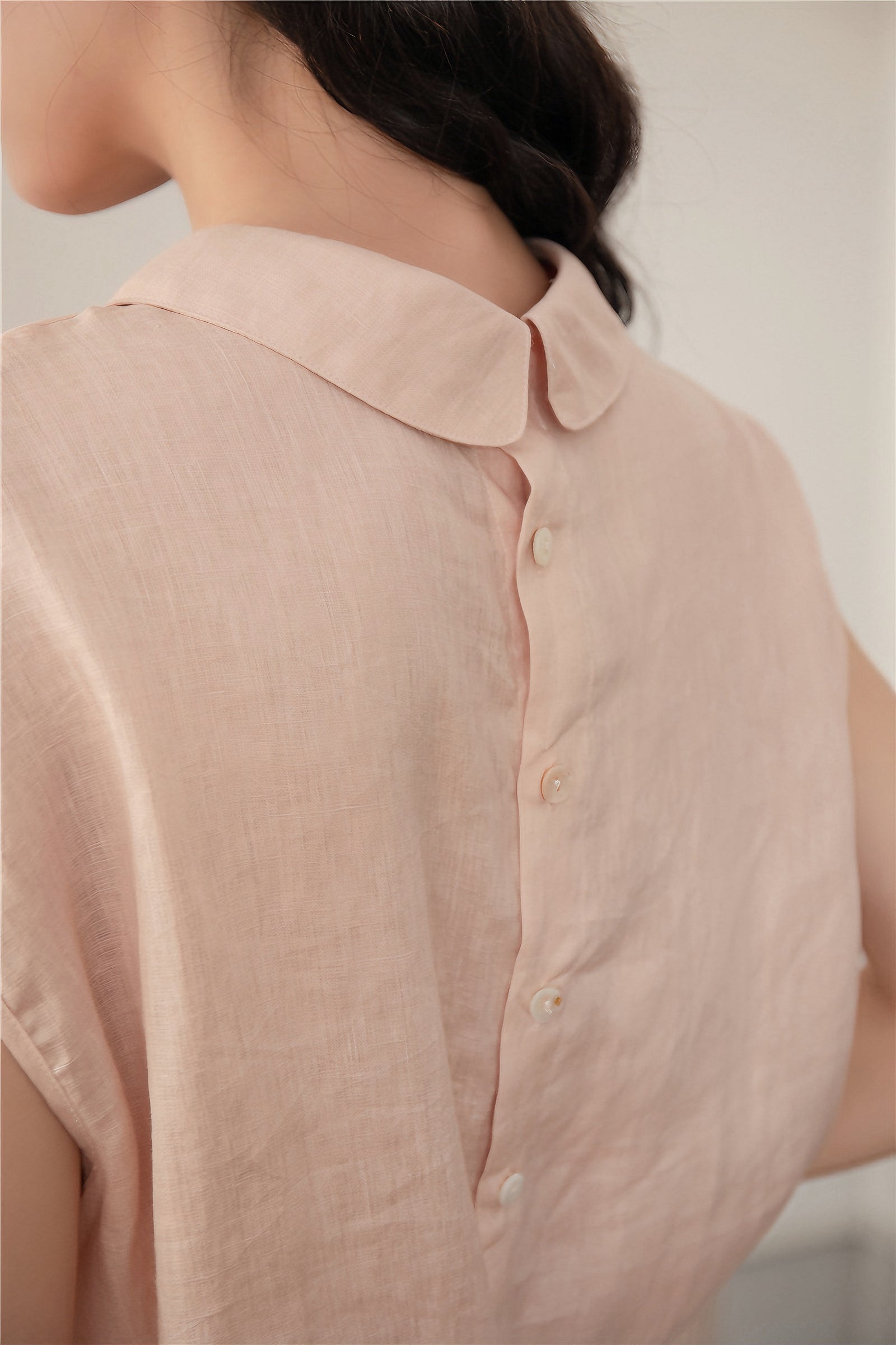 Vintage Pink Peter Pan Collar Linen Button-Back Blouse - Masion Chérie