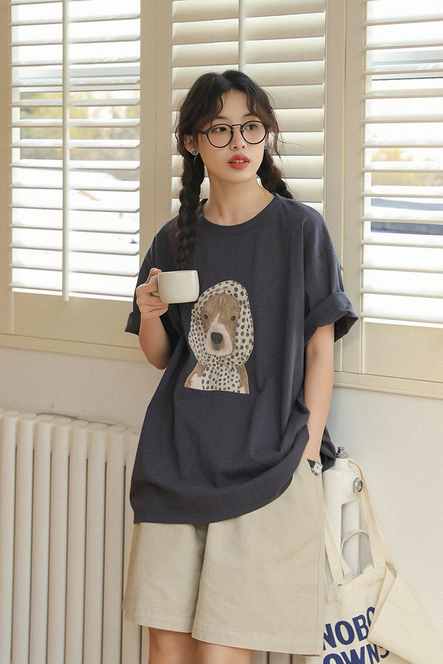 Playful Puppy Print Oversized Tee - Masion Chérie