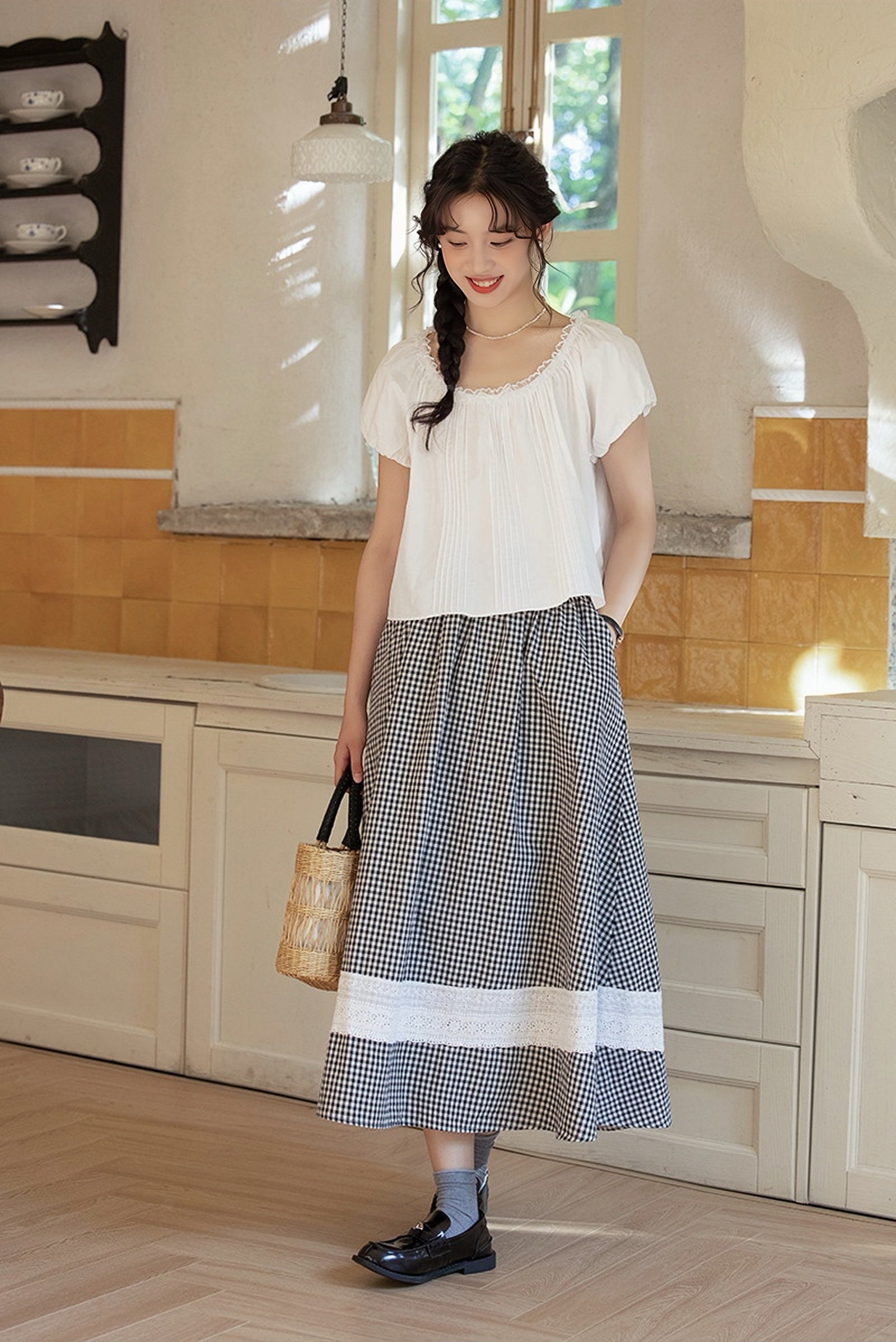 Vintage Gingham A-Line Midi Skirt with Lace Trim - Masion Chérie