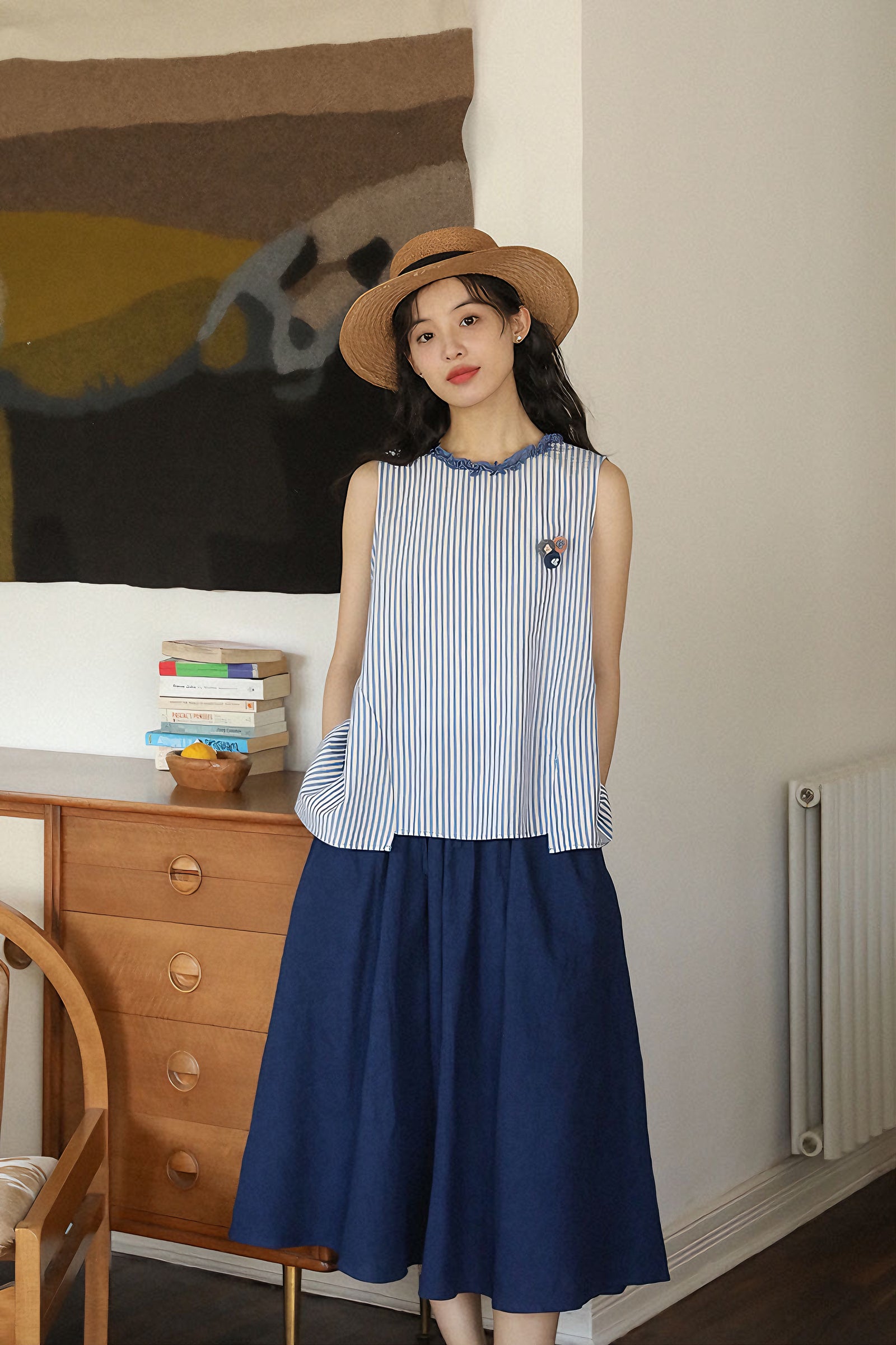 Vintage Navy Blue A-Line Midi Skirt - Masion Chérie