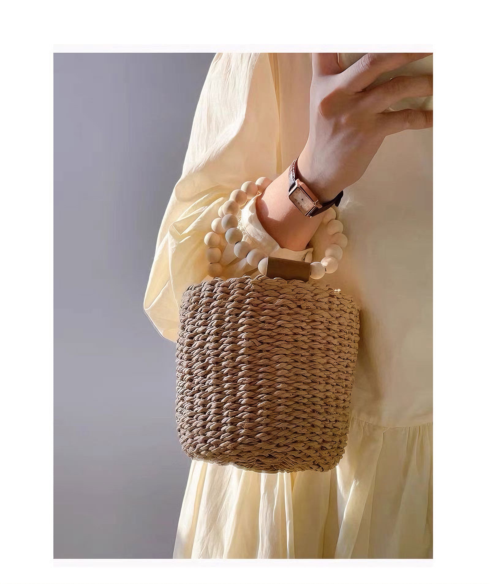 Designer Wood Bead Handle Straw Bag - Masion Chérie