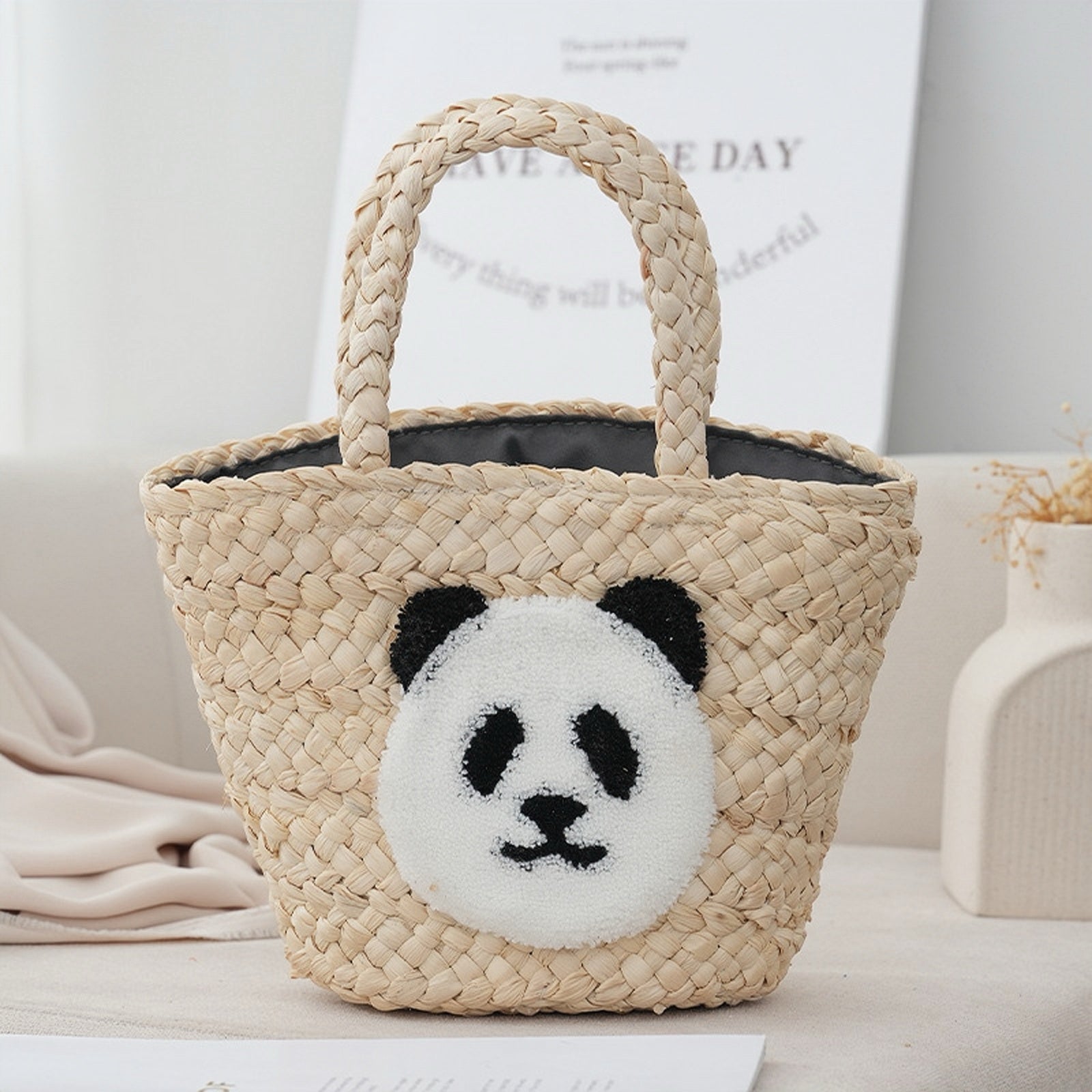 Cute Panda Beige Versatile Everyday Straw Tote Bag - Masion Chérie