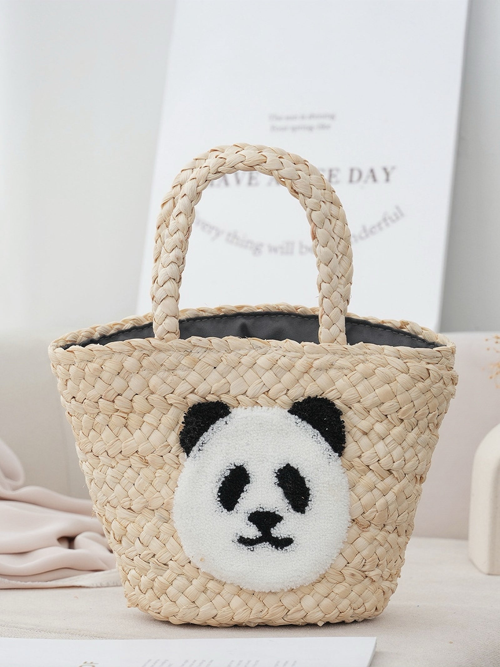 Cute Panda Beige Versatile Everyday Straw Tote Bag - Masion Chérie