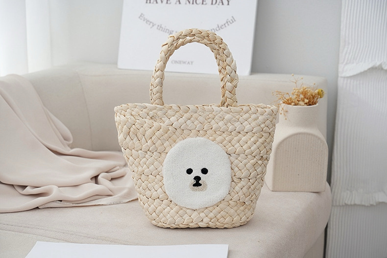 Cute Panda Beige Versatile Everyday Straw Tote Bag - Masion Chérie