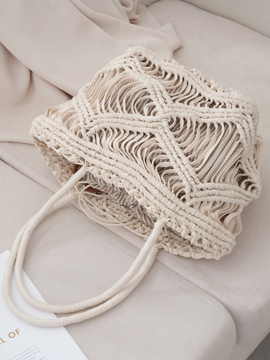 White Hollow Out Woven Shoulder Bag Versatile Commuter Bag - Masion Chérie