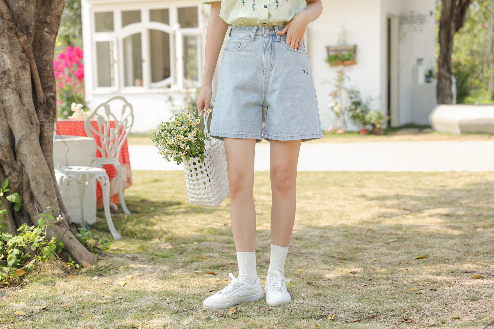 Light Blue Embroidered High-Waist Denim Shorts - Masion Chérie