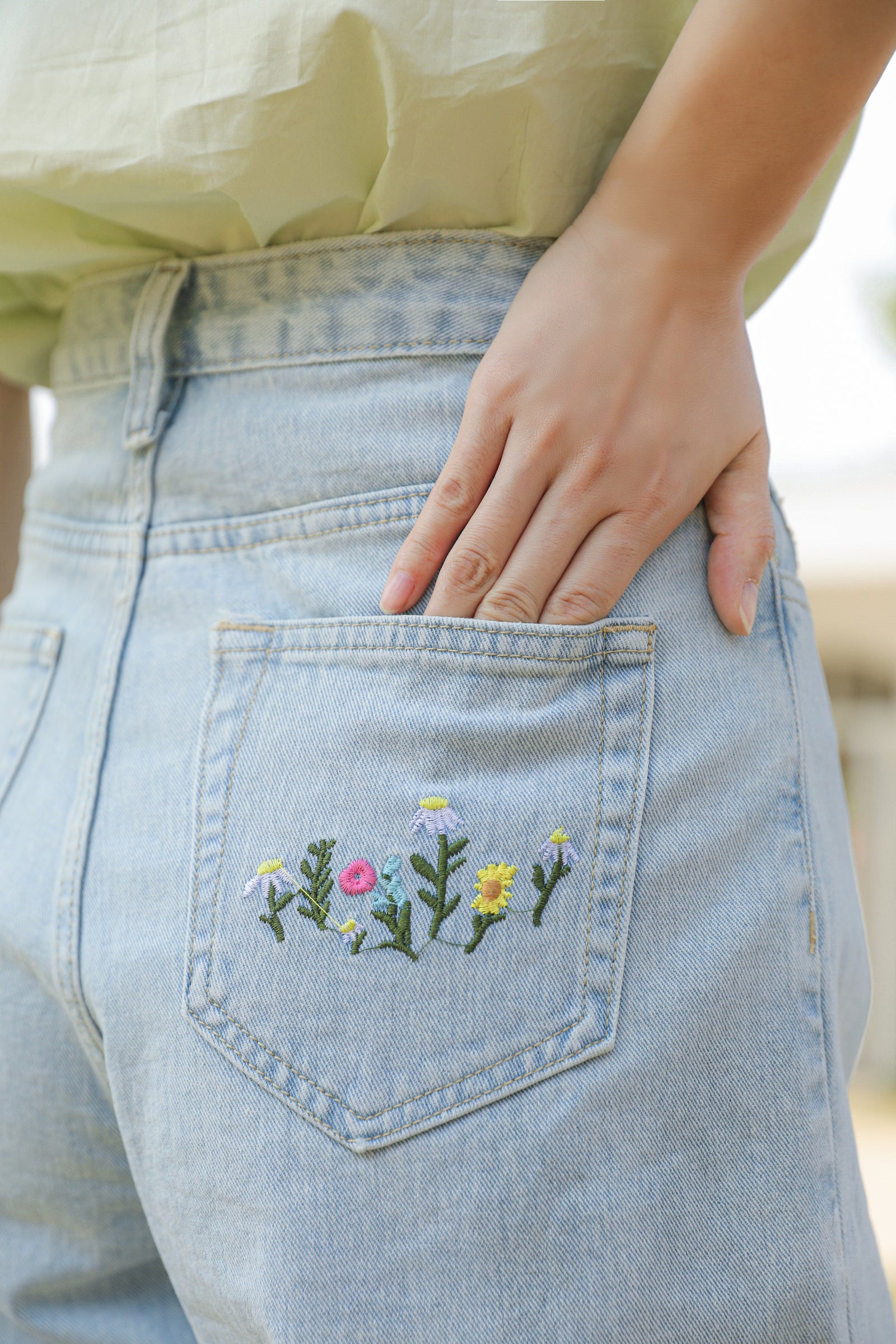 Light Blue Embroidered High-Waist Denim Shorts - Masion Chérie